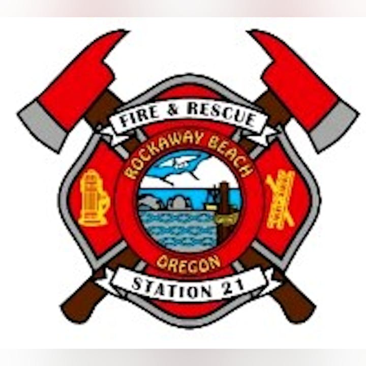 Fire & Rescue emblem for Rockaway Beach, Oregon, Station 21 with axes, lighthouse, and ocean imagery.