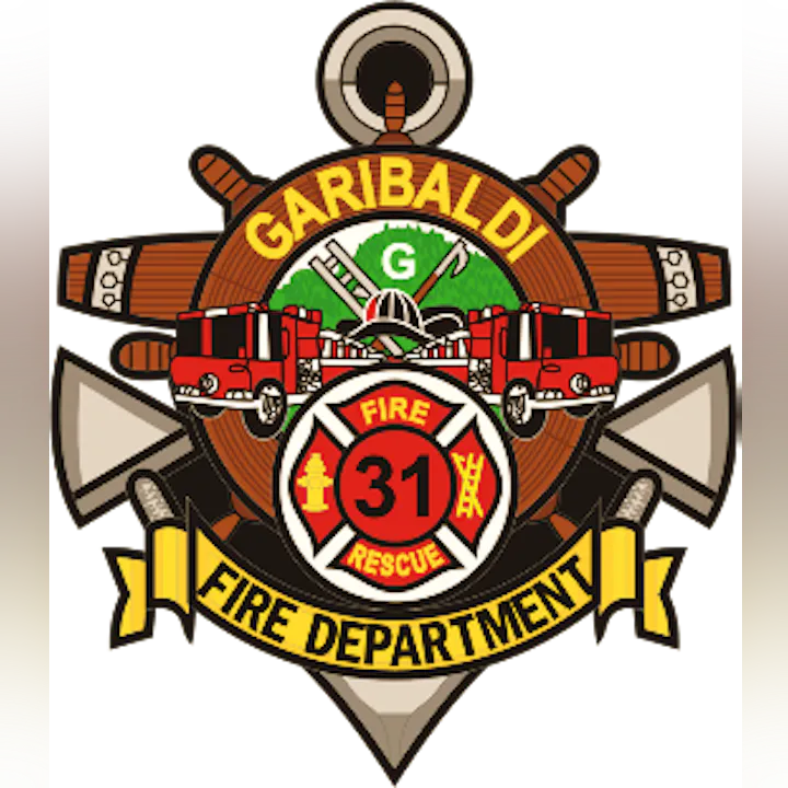 It's a fire department emblem with firefighter axes, a ship wheel, and fire trucks.