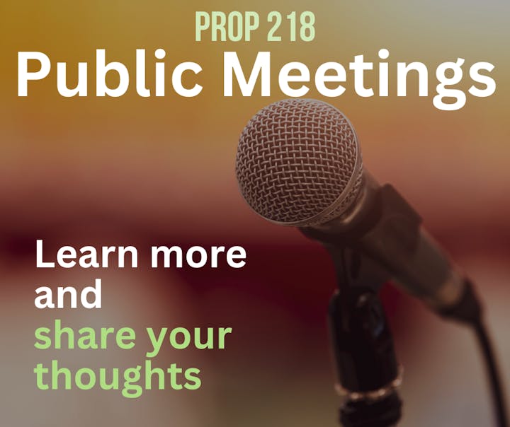 Microphone with text about Public Meetings for PROP 218, inviting to learn and share thoughts.