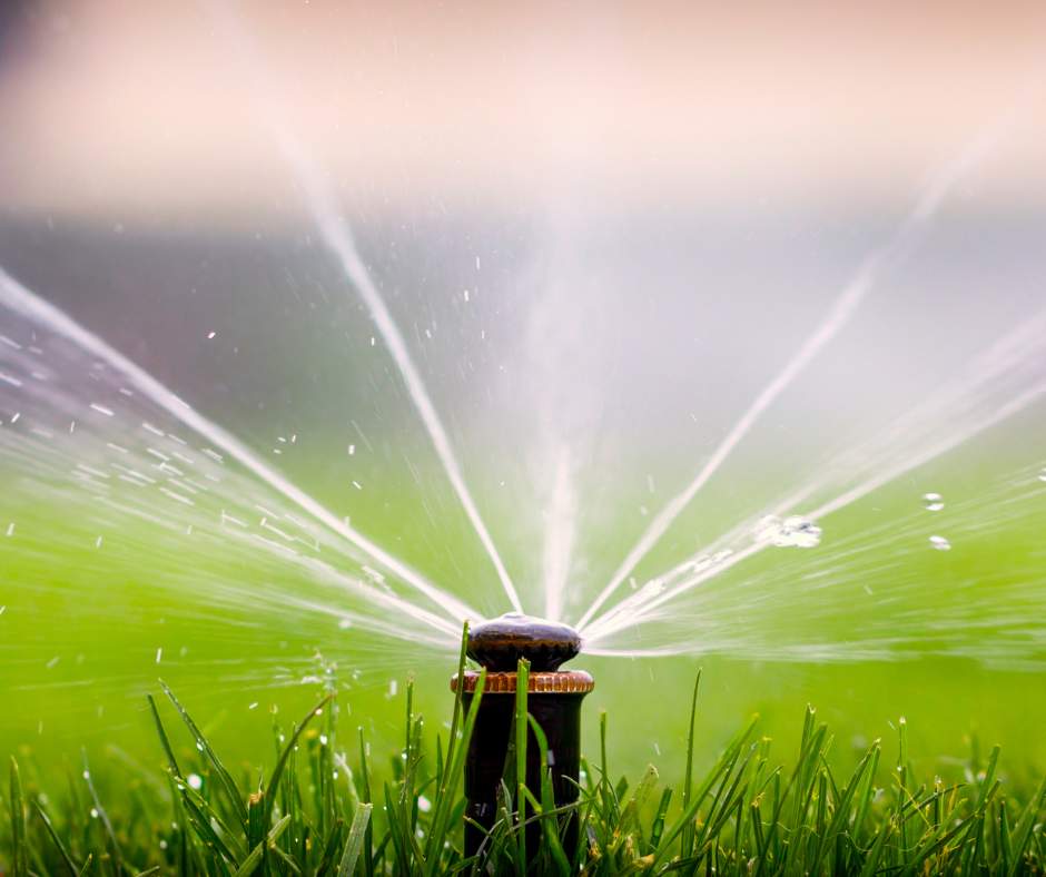 A sprinkler spraying water over grass with multiple streams.