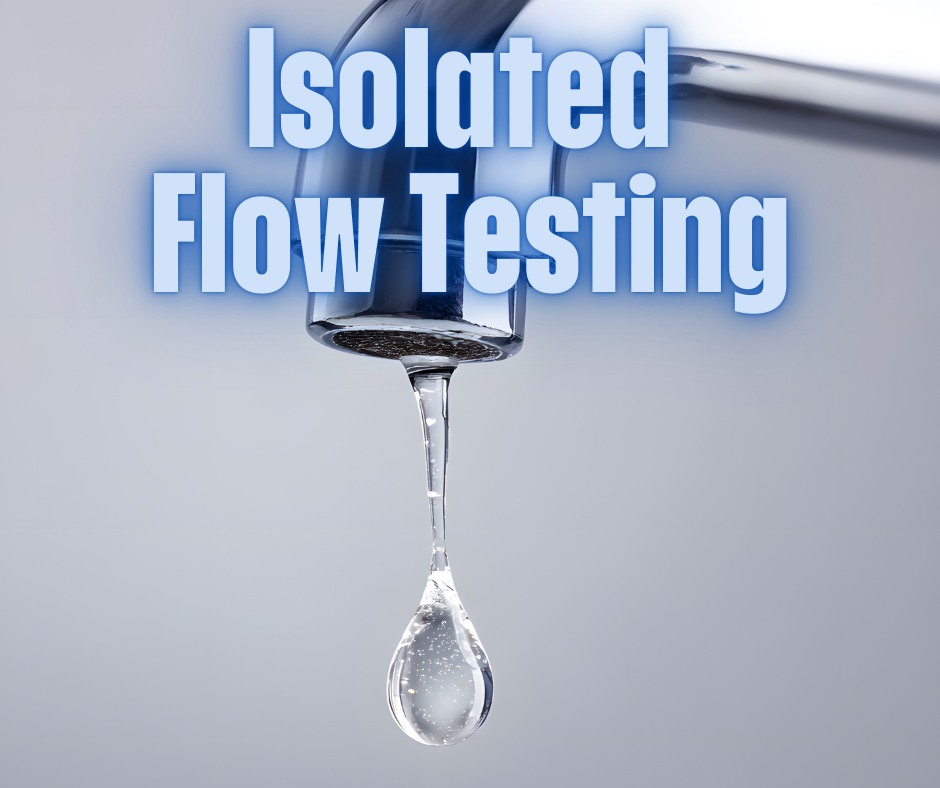 Close-up of a dripping faucet with the text "Isolated Flow Testing" overlaid.