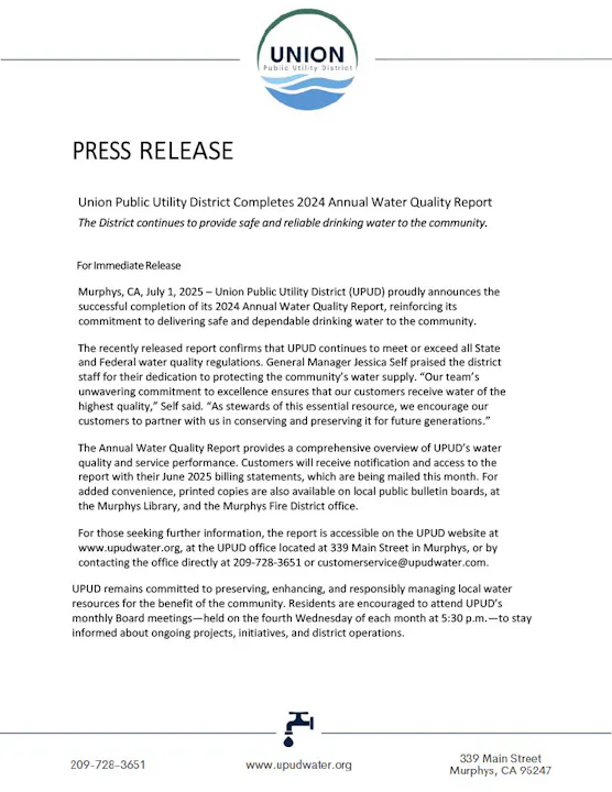 Union Public Utility District announces 2024 Water Quality Report, ensuring compliance and safe water. Report accessible online and locally.