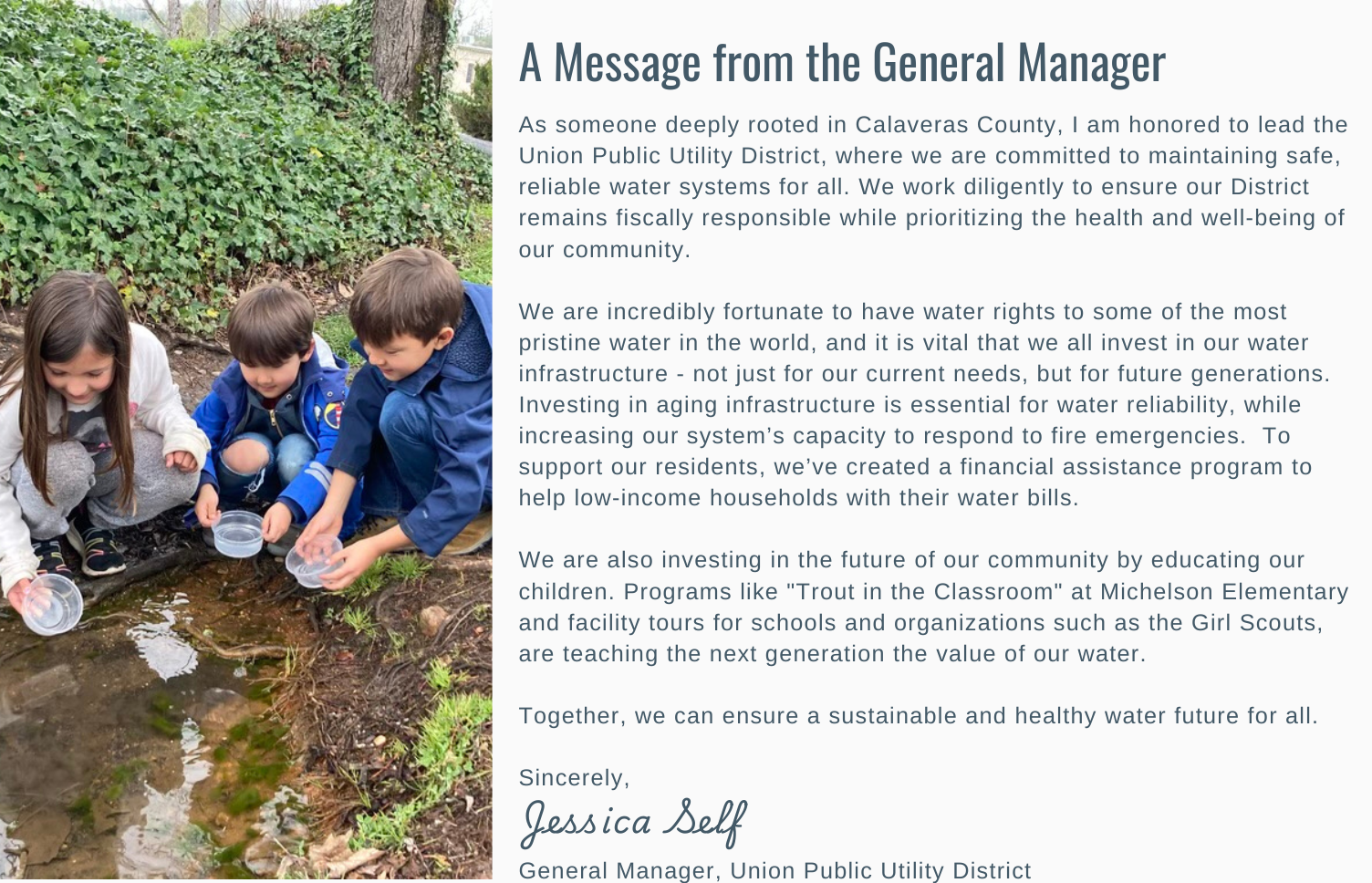 Three children examining water outdoors with cups, alongside text from a utility district's general manager about water conservation.