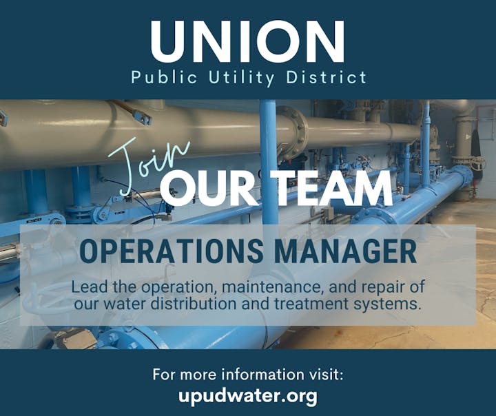 It's a job ad for an Operations Manager at Union Public Utility District, with water pipes in the background.