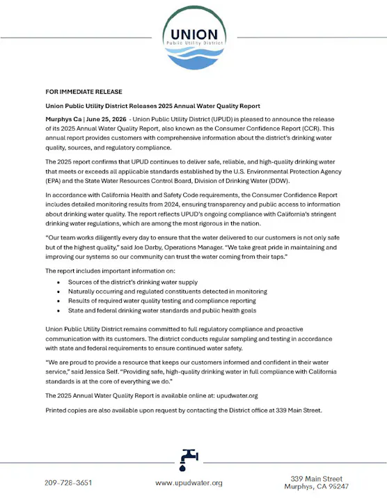 The image is a press release from the Union Public Utility District about the 2025 Annual Water Quality Report, detailing water safety and compliance.