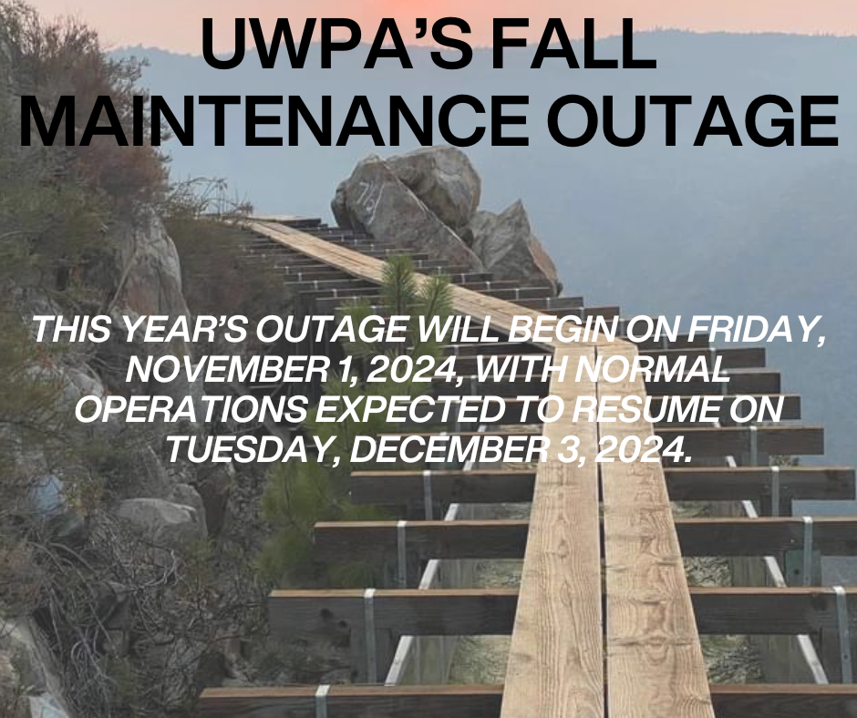 Announcement of a fall maintenance outage for UWPA starting November 1, 2024, with operations resuming December 3, 2024, on a woodland background.