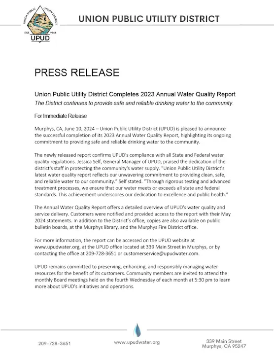 It's a press release from the Union Public Utility District announcing the completion of its 2023 Annual Water Quality Report.