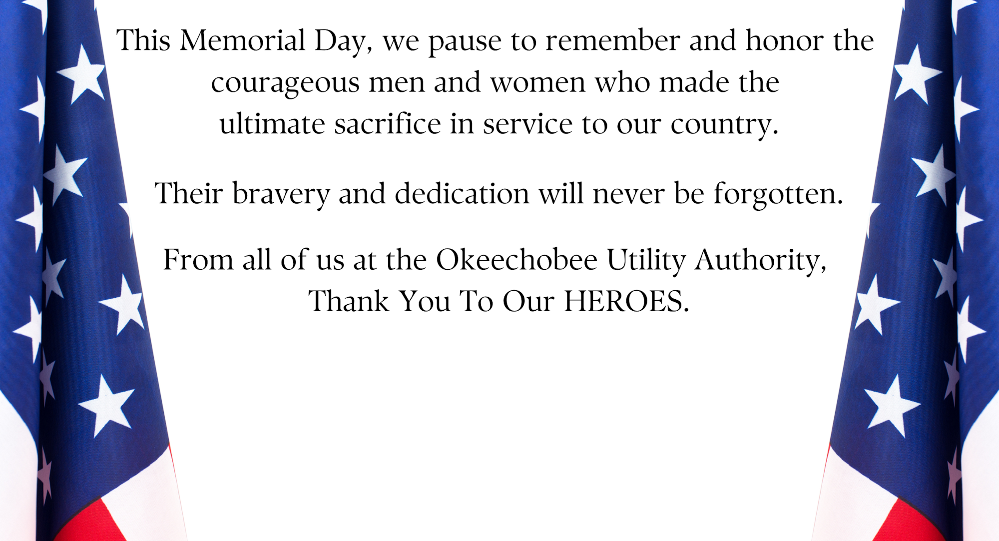 Memorial Day tribute honoring fallen heroes, thanking them for their sacrifice. Includes American flag imagery.