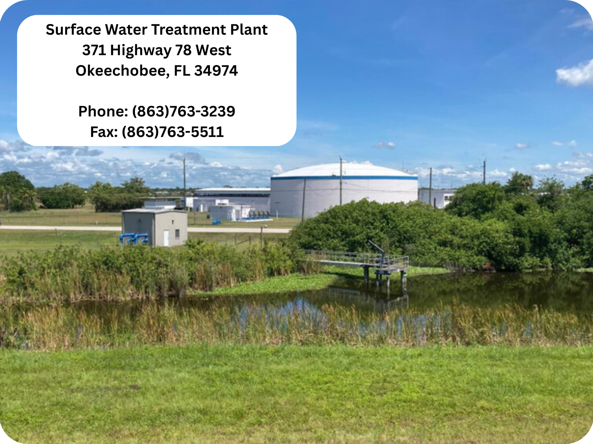 Surface Water Treatment Plant, Okeechobee, FL. Address and contact info with a water facility and greenery in the background.
