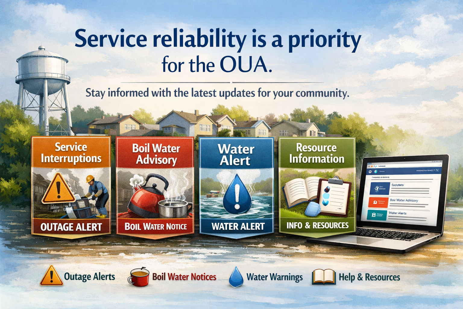 The image promotes updates from the OUA about service reliability, including alerts for water issues and resources for the community.