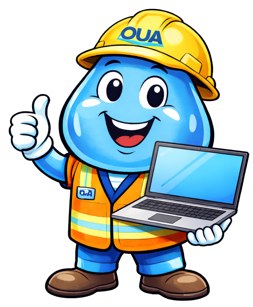 A cheerful blue water droplet mascot in a construction hat and vest, holding a laptop and giving a thumbs up.