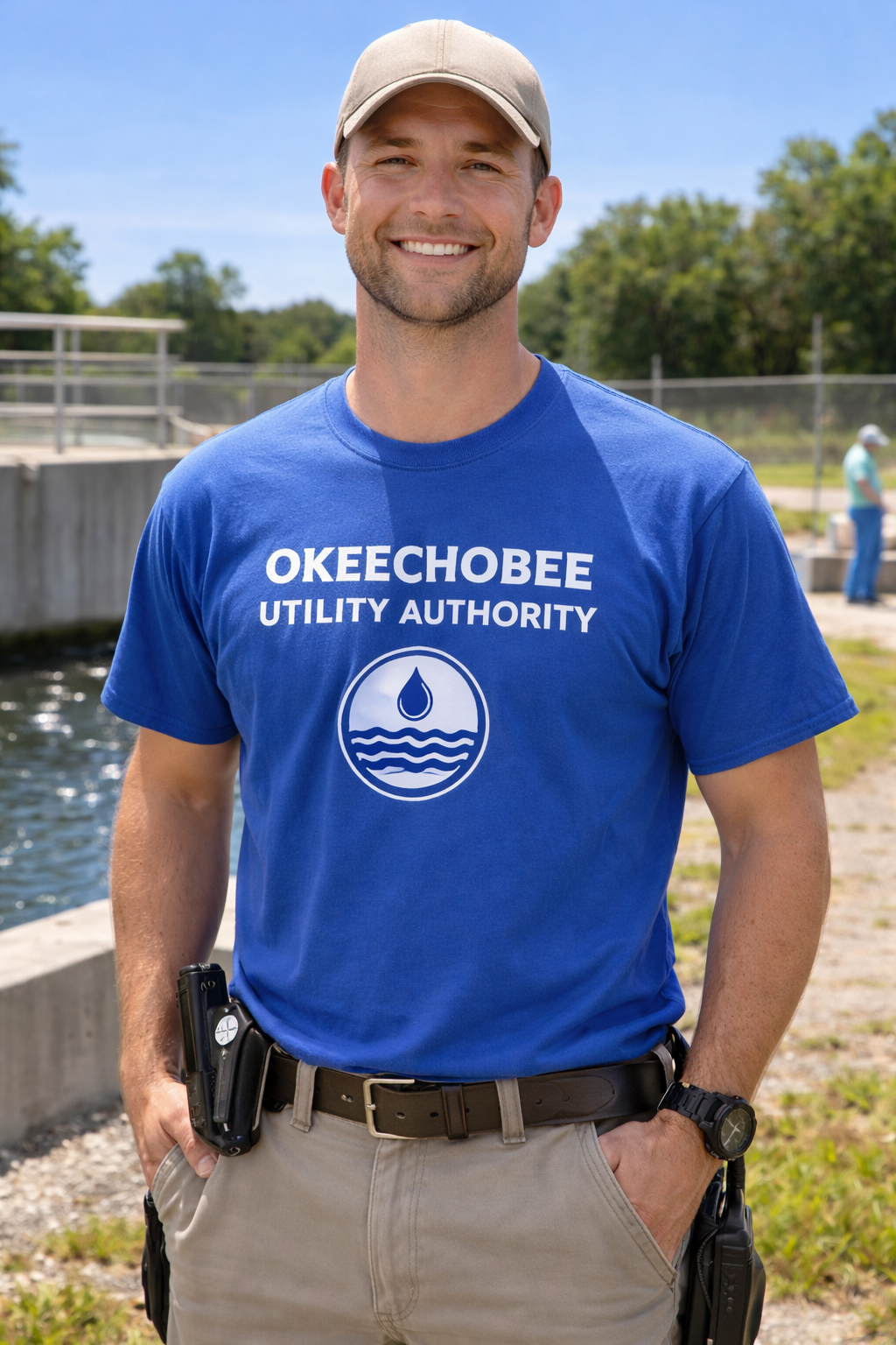 A smiling man in a blue T-shirt with "Okeechobee Utility Authority" stands outdoors by a water body, with a cap and utility belt.