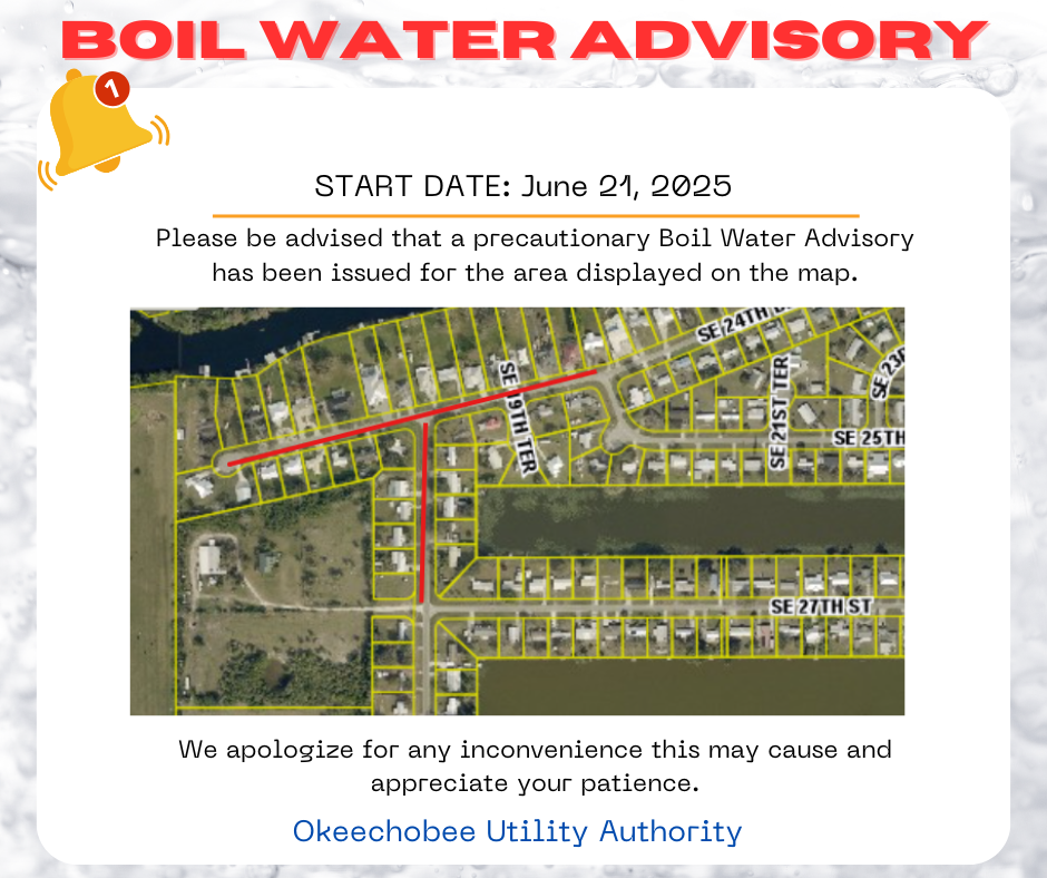 Boil Water Advisory for Okeechobee area starting June 21, 2025. Advisory area shown on map.