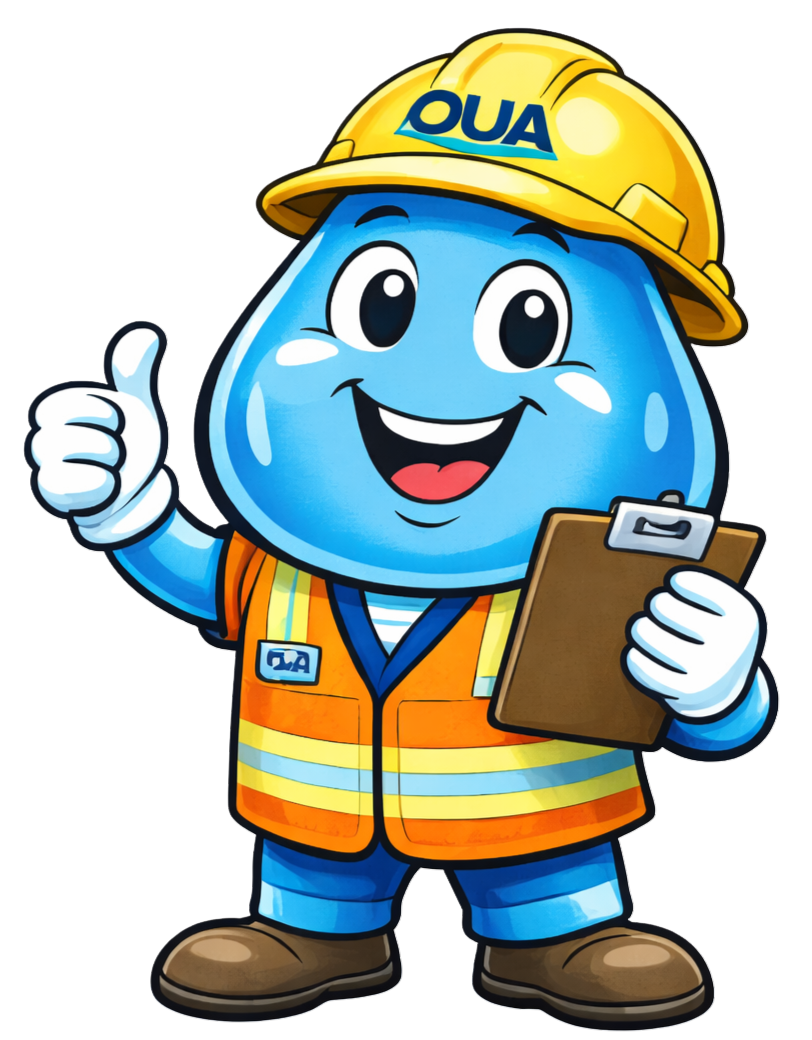 A cheerful blue water droplet character in safety gear, holding a clipboard and giving a thumbs up.