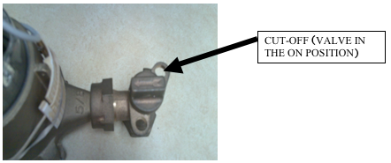 A valve with a label pointing to the cut-off in the "on" position.