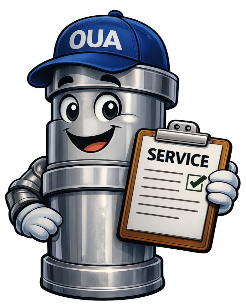 A cartoon character resembling a water pipe with a cap, holding a clipboard labeled "SERVICE," smiling and friendly.