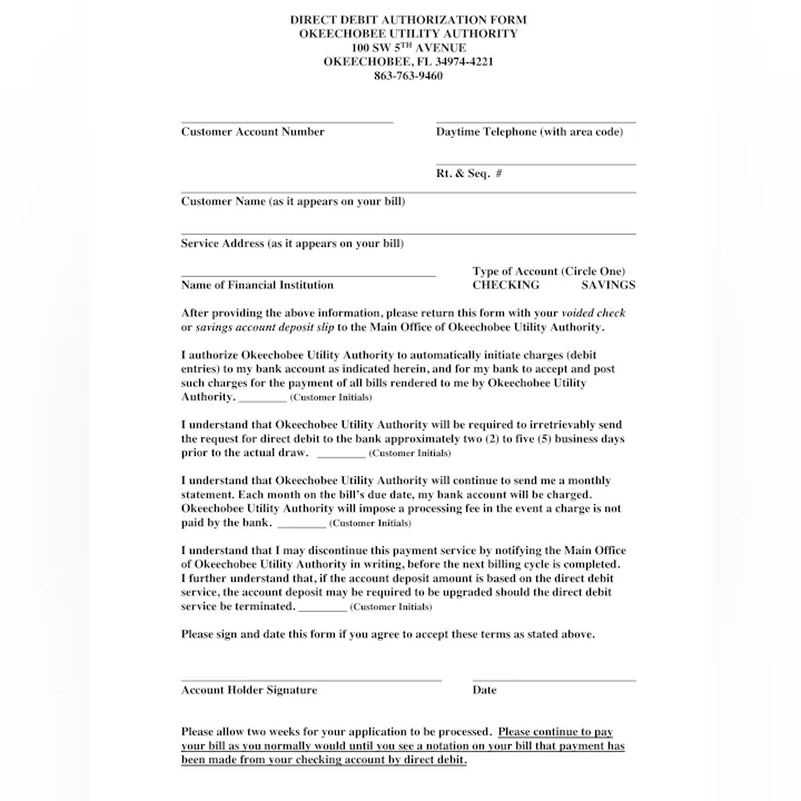 A direct debit authorization form for Okeechobee Utility Authority.