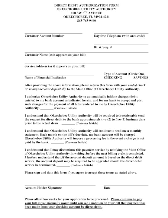 A direct debit authorization form for Okeechobee Utility Authority.