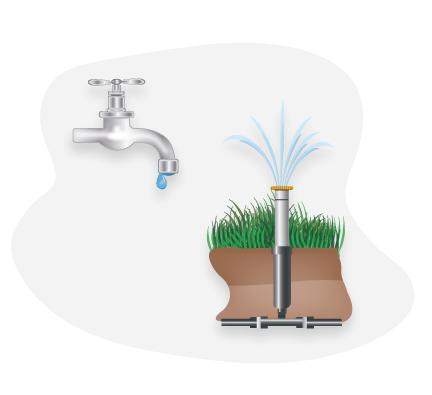 A dripping faucet and a sprinkler system watering grass.