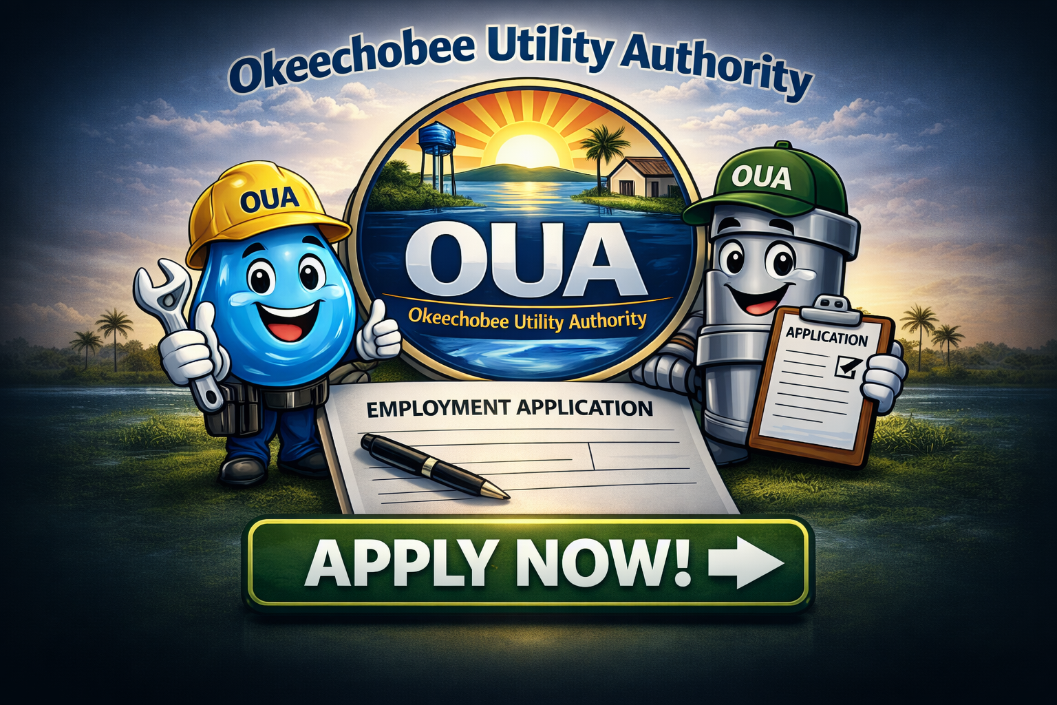The image promotes job applications for the Okeechobee Utility Authority, featuring animated water and utility characters.