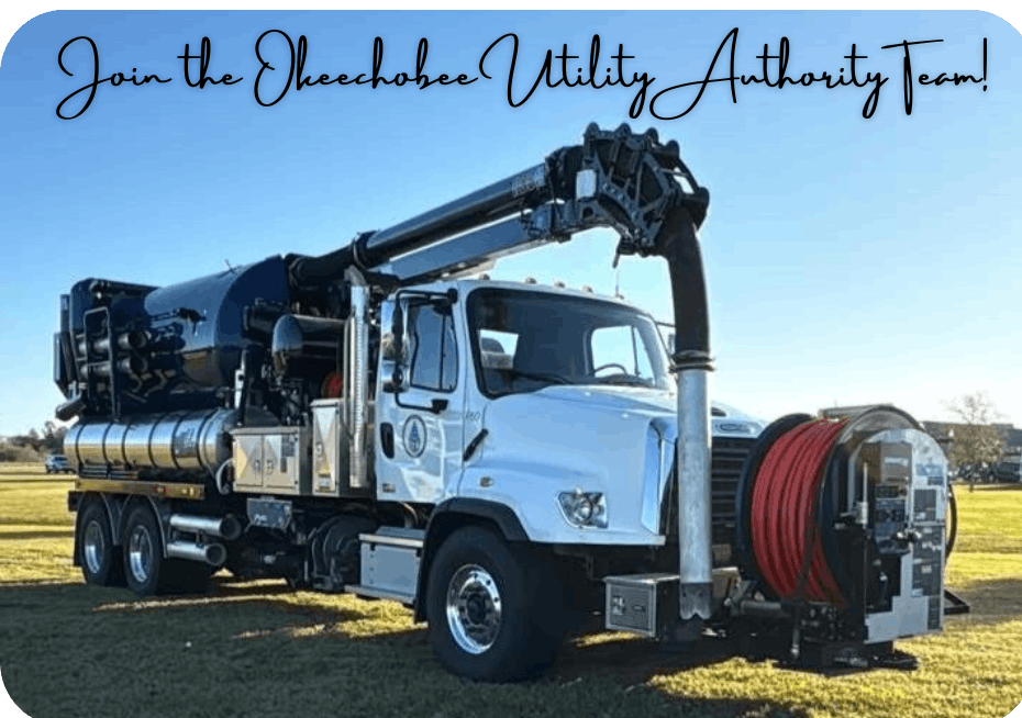 Utility truck with equipment on grass, promoting the Okeechobee Utility Authority team.