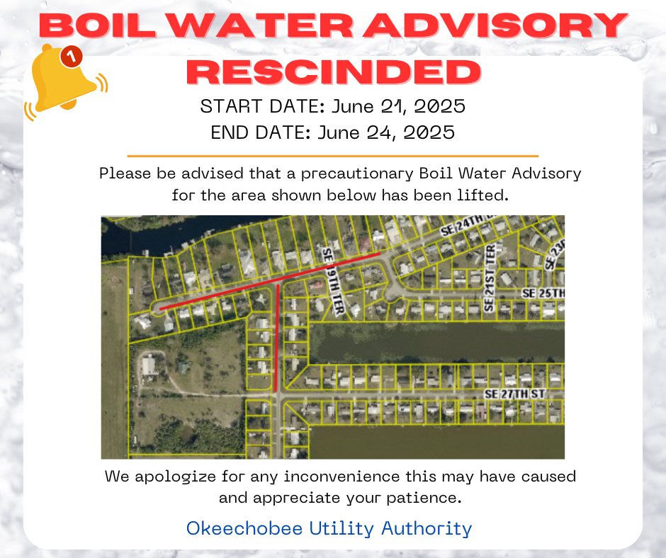 Boil Water Advisory rescinded for Okeechobee area from June 21-24, 2025.