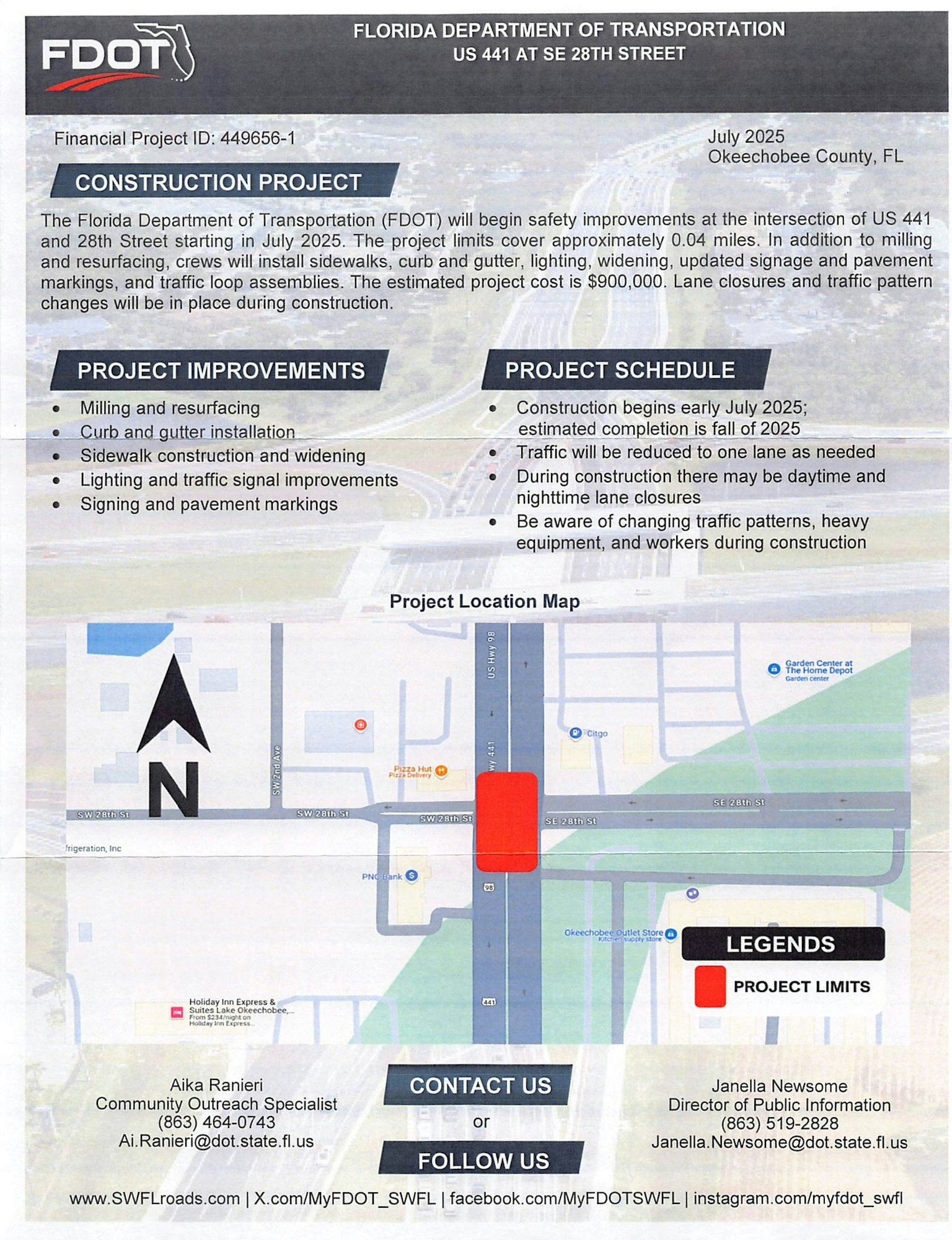 FDOT's construction project on US 441/SE 28th St, starting July 2025. Includes road improvements, map, contact info, and social media.