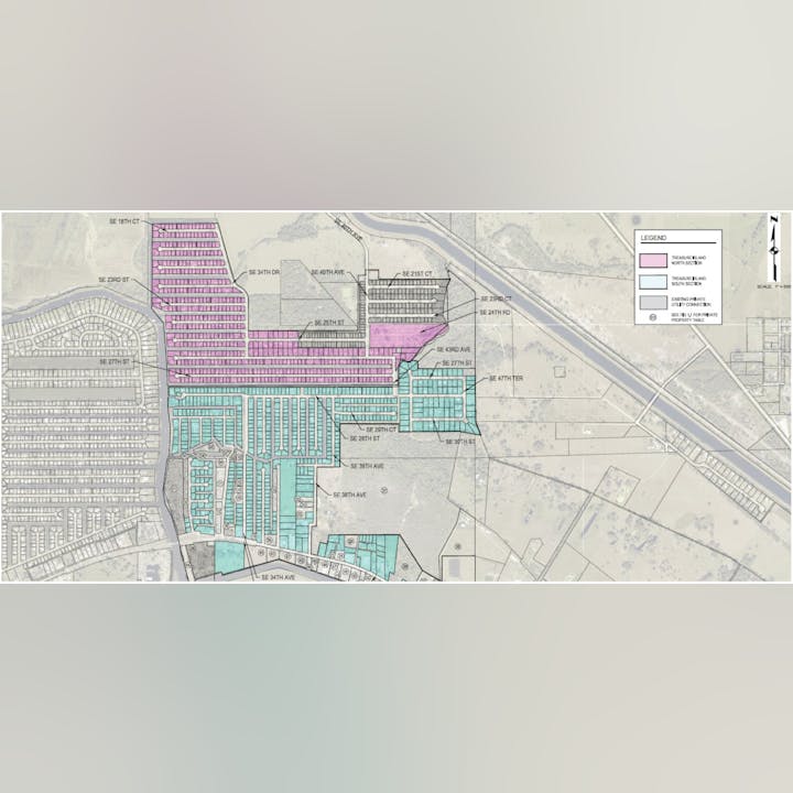 Map showing housing layout in Treasure Island divided into North (pink area) and South (blue area) sections, with labeled streets.