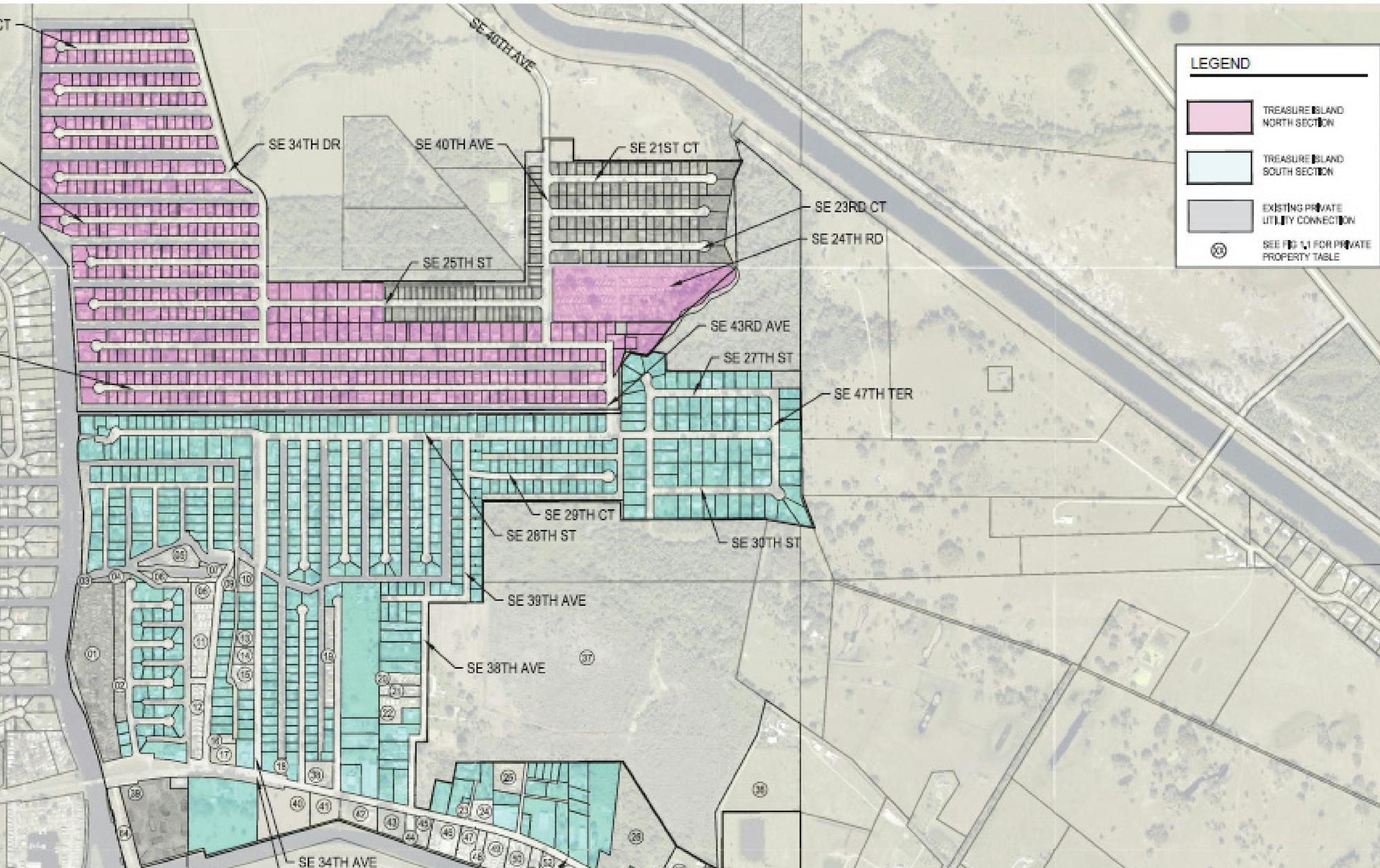 Map showing housing layout in Treasure Island divided into North (pink area) and South (blue area) sections, with labeled streets.
