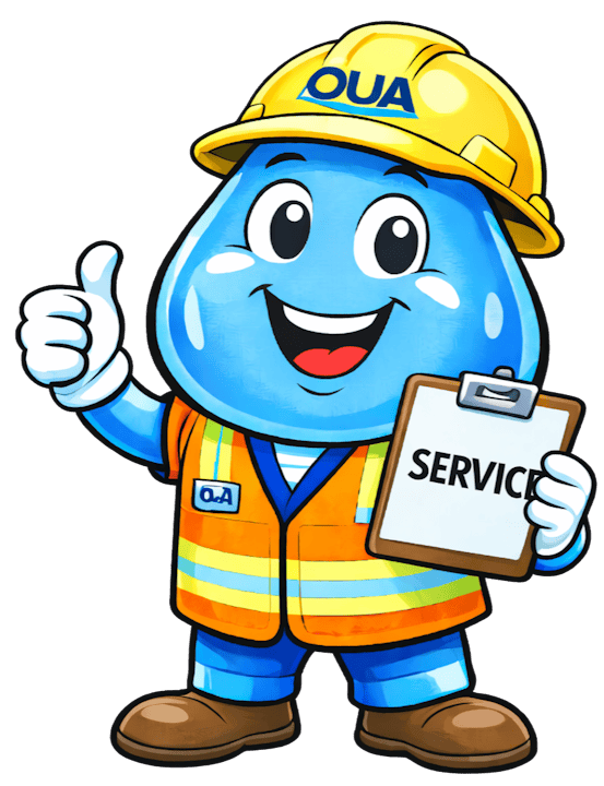 A cheerful water droplet mascot in an orange safety vest and hard hat, giving a thumbs up while holding a clipboard labeled "SERVICE."