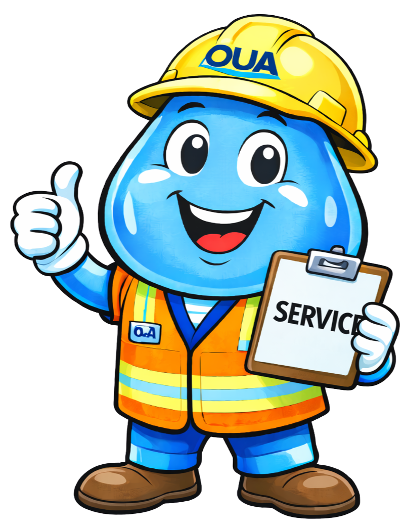 A cheerful water droplet mascot in an orange safety vest and hard hat, giving a thumbs up while holding a clipboard labeled "SERVICE."