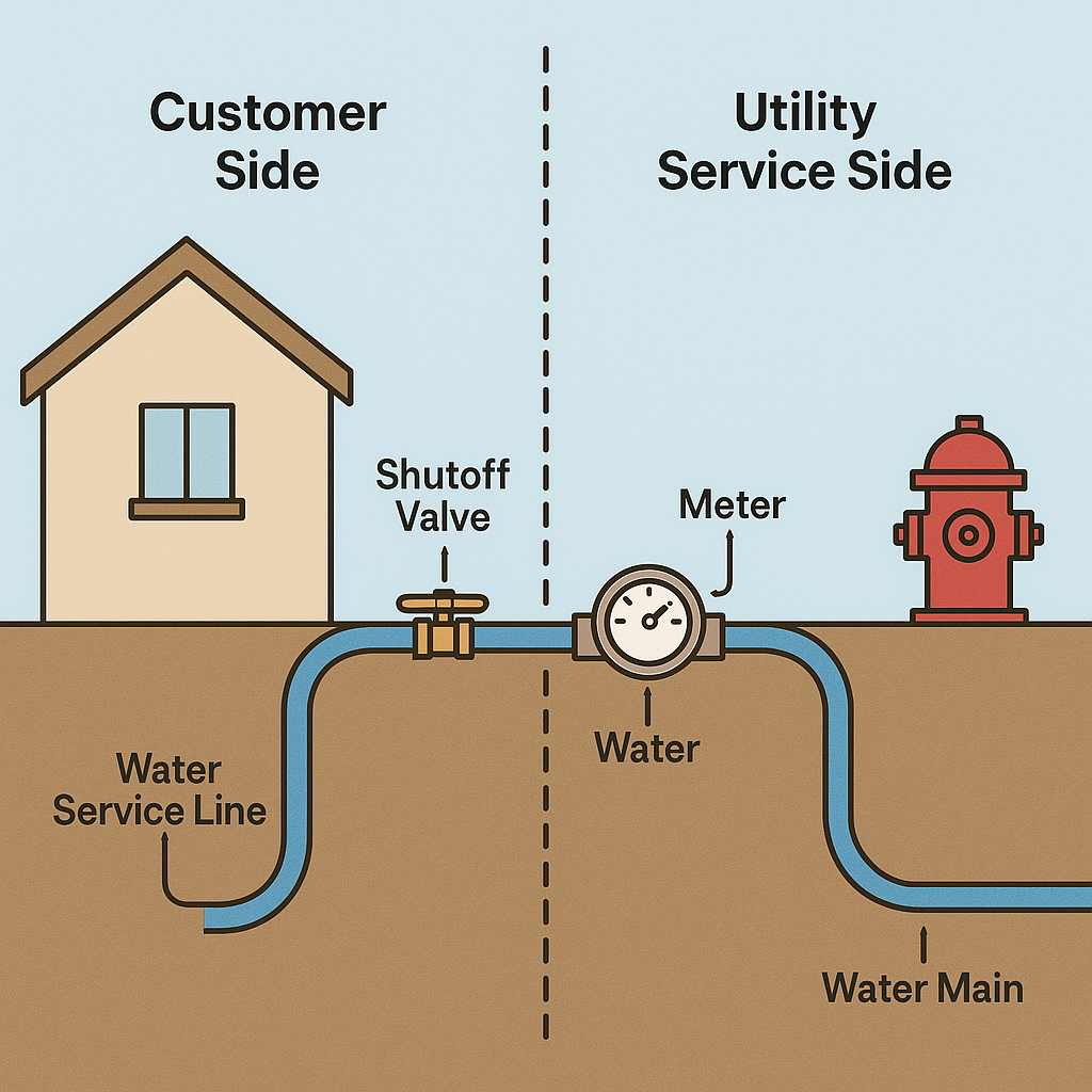 House water service line diagram with shutoff valve, meter, and water main, divided into customer and utility service sides.