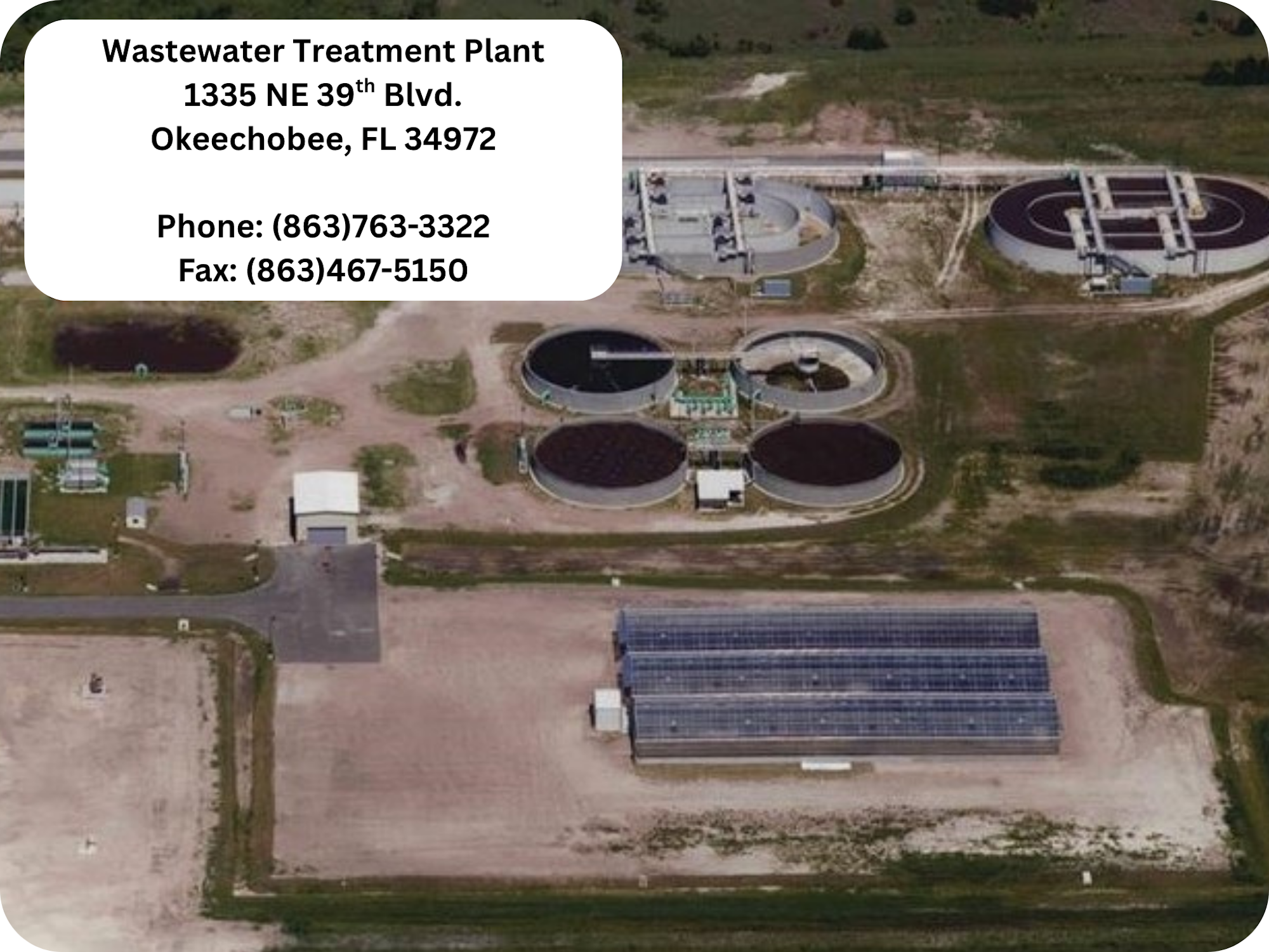 Aerial view of a wastewater treatment plant with contact details and address in Okeechobee, FL.