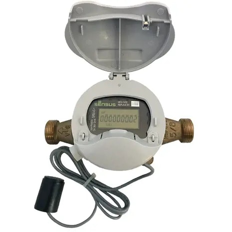 Water meter with open lid, showing digital display and attached wire sensor.