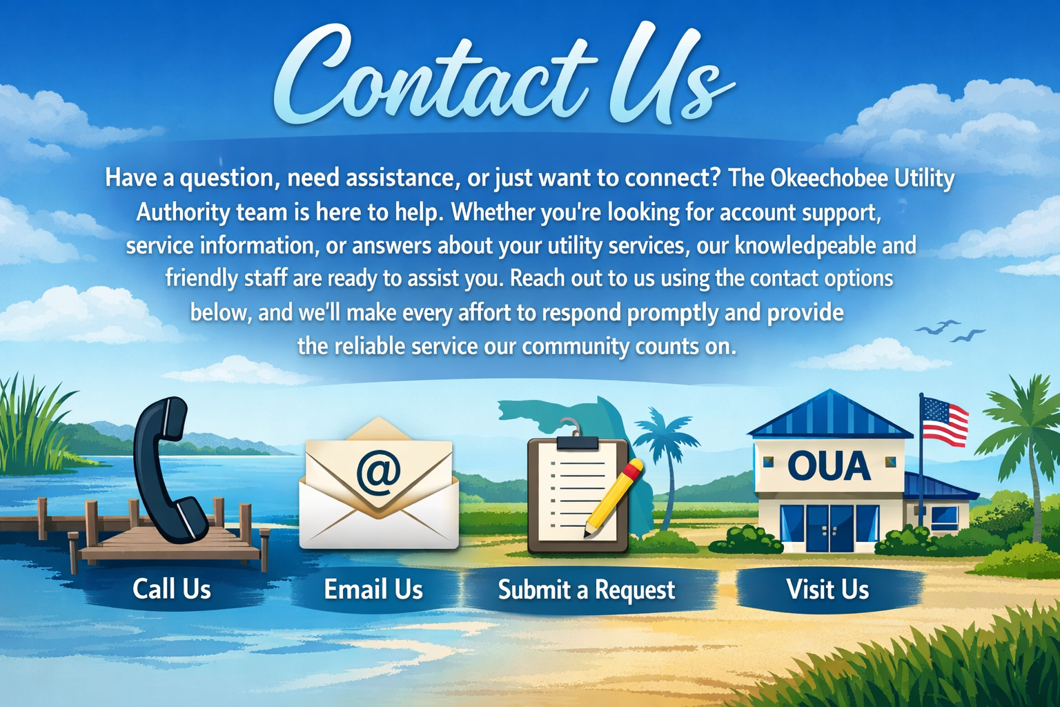 The image is a "Contact Us" message from Okeechobee Utility Authority, offering assistance via phone, email, or in-person visits.