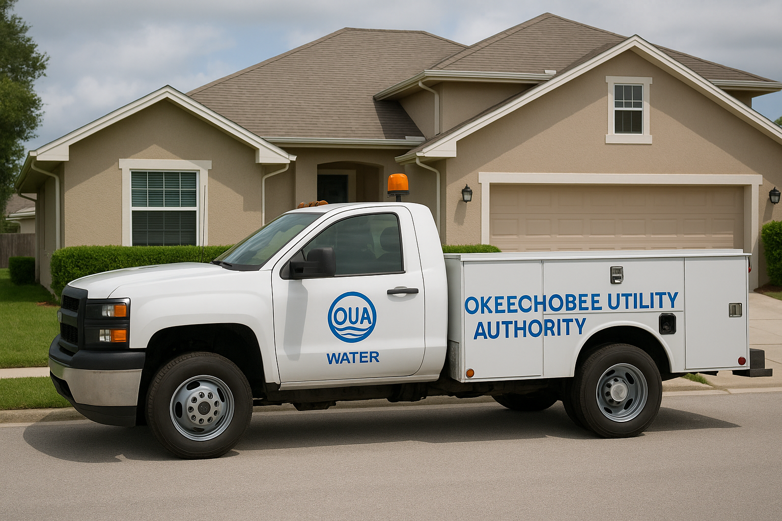 A utility truck labeled "Okeechobee Utility Authority" parked in front of a suburban house.