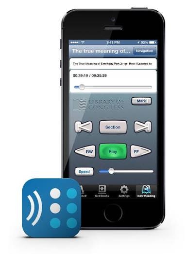 The image shows a smartphone displaying the BARD app with playback controls for an audio book.