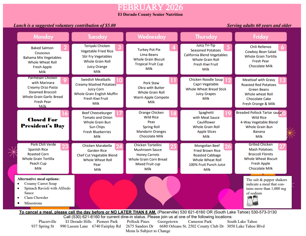 The image is a February 2026 lunch menu for El Dorado County Senior Nutrition, featuring daily meal options and alternatives.