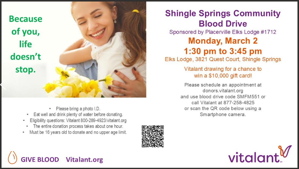 Join the Shingle Springs Community Blood Drive on March 2, 1:30-3:45 PM. Chance to win a $10,000 gift card!