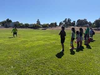 A person guides a group of kids across a sunny, grassy field.