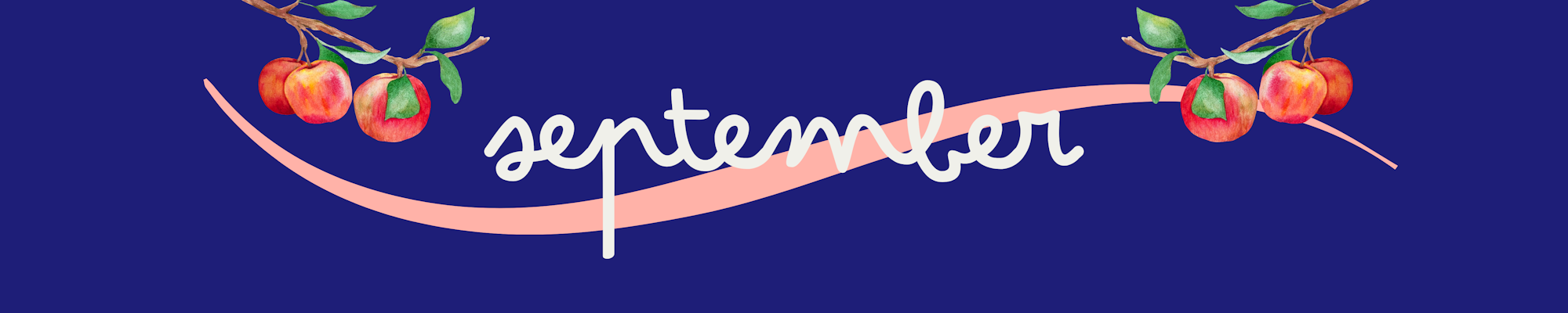 The image features the word "September" in a playful font, surrounded by watercolor-style apples and a dark blue background.