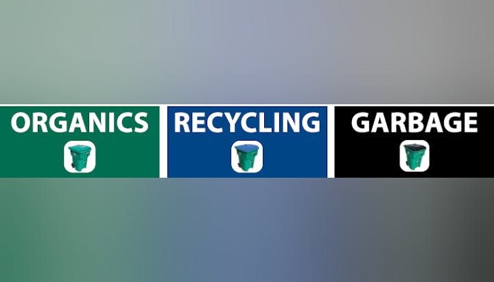 Three labeled bins: Organics (green), Recycling (blue), Garbage (black), each with matching icons.