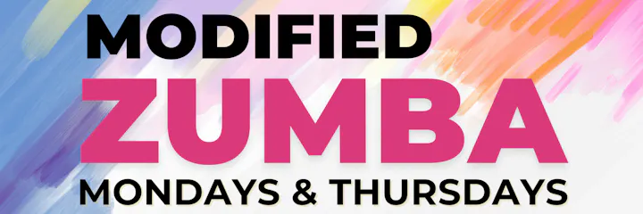 The image promotes "Modified Zumba" classes on Mondays and Thursdays.