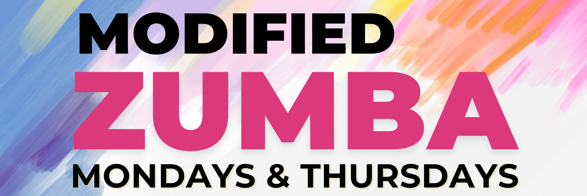 The image promotes "Modified Zumba" classes on Mondays and Thursdays.