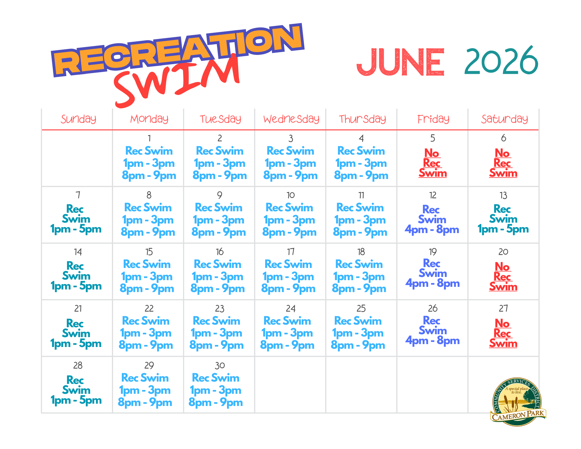 A June 2026 calendar for recreation swimming times; includes scheduled swim hours and days with no swim sessions.