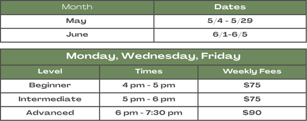 The image shows class schedules for May and June, with times and fees for Beginner, Intermediate, and Advanced levels.