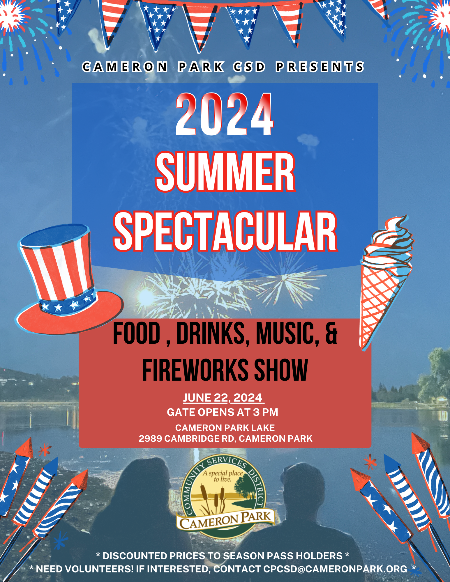 Poster of 2024 Summer Spectacular event with food, drinks, music, and fireworks on June 22 at Cameron Park Lake.