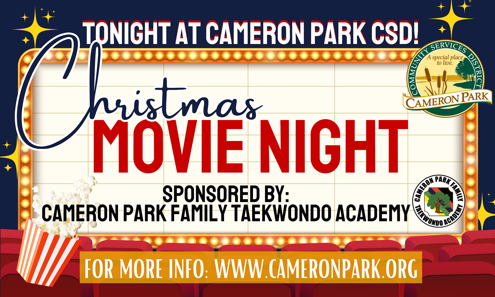 Christmas Movie Night at Cameron Park CSD, sponsored by Cameron Park Family Taekwondo Academy.