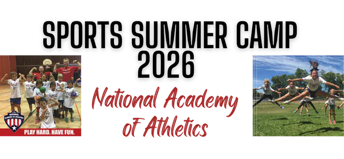 Image shows kids participating in athletic activities, with "National Academy of Athletics" and the slogan "Play Hard. Have Fun."