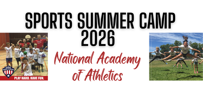 Image shows kids participating in athletic activities, with "National Academy of Athletics" and the slogan "Play Hard. Have Fun."